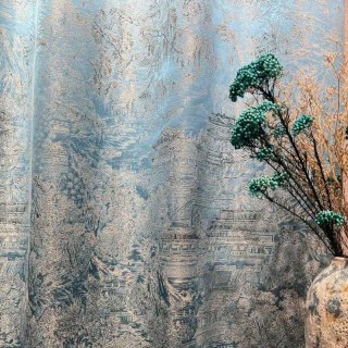 Tranquillité du Temple Jacquard Chinoiserie Rideau floral bleu 2