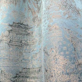 Tranquillité du Temple Jacquard Chinoiserie Rideau floral bleu 3