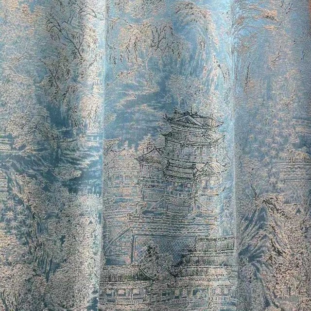 Tranquillité du Temple Jacquard Chinoiserie Rideau floral bleu 1