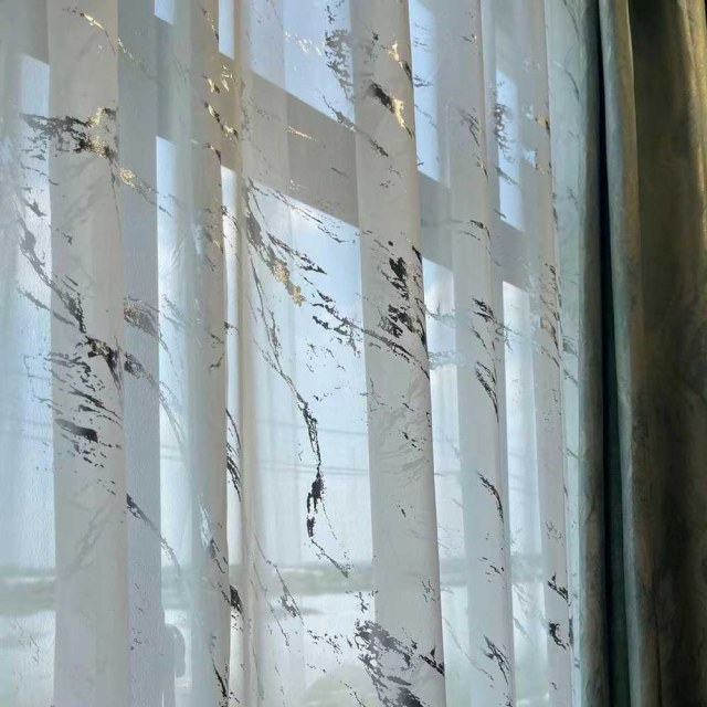 Lunar Marble Résumé Blanc et Argent Voile Rideaux 1