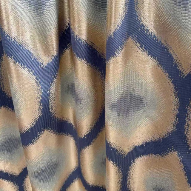 Ikat Ogee Luxury Jacquard Bleu et Or Rideaux Géométriques 1