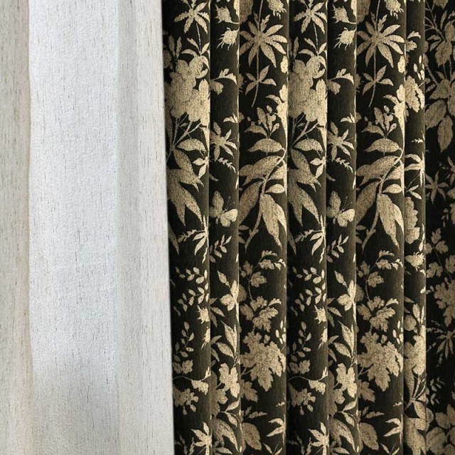 Nuit d'été Noir Olive Vert Floral Chenille Rideaux 1
