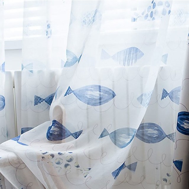 Ocean View Blue Fish Nautical Voile Curtain 1