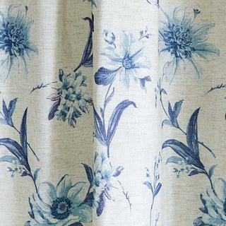 French Iris Porcelain Blue & White Linen Style Floral Curtain 2