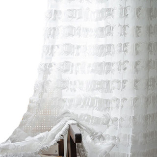 Square Lattice Fringe Trim Geometric White Voile Curtain 1