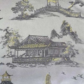 Pagoda & Junk Boat Chinoiserie Cream Satin Floral Curtain 2