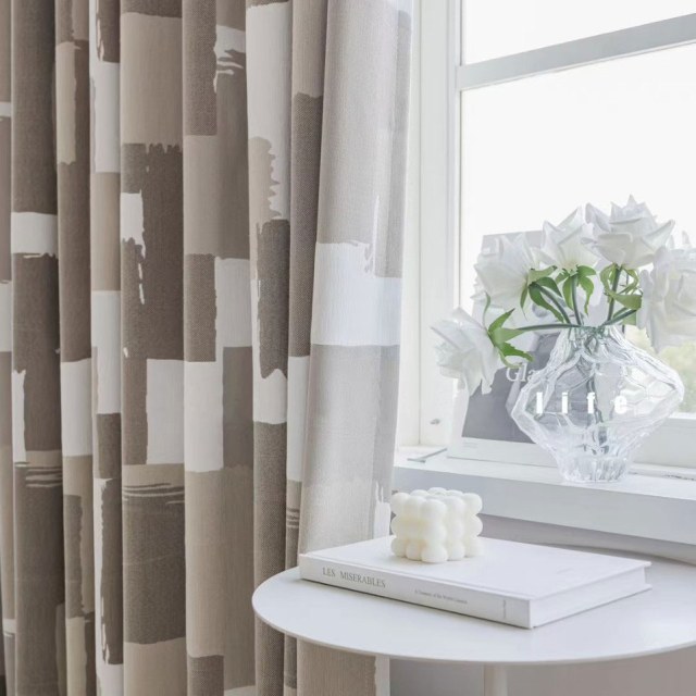 Urban Grid Monochrome Mocha Cream and White Chenille Geometric Curtain 1