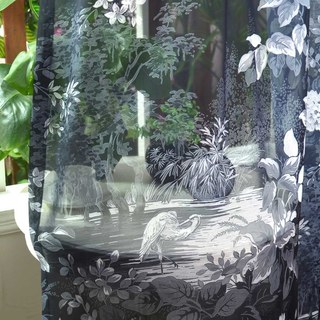 Oasis Tropical Trees Flowers Cranes Black Voile Curtains