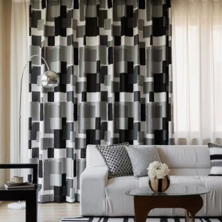 Urban Grid Monochrome Black White and Grey Chenille Geometric Curtain 3