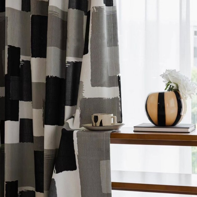 Urban Grid Monochrome Black White and Grey Chenille Geometric Curtain 1