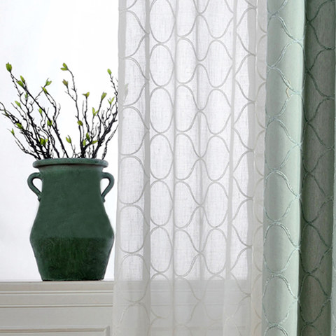 Arabesque Whisper Embroidered Ivory White Trellis Sheer Curtain 1