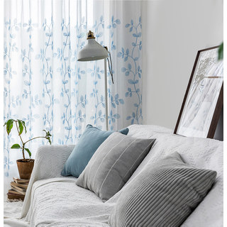 Winter Branches Blue Leaf Embroidered Sheer Curtain 1