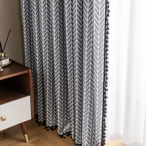 Shard Mid Century Modern Charcoal Gray Chevron Herringbone Curtain 1