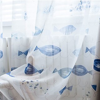 Ocean View Blue Fish Nautical Sheer Curtain