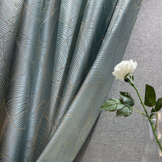 Banana Leaves Luxury 3D Jacquard Duck Egg Blue Curtain with Gold Details 4