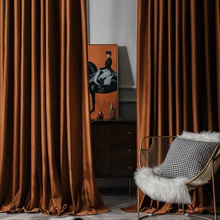 Scandinavian Basketweave Textured Caramel Terracotta Burnt Orange Velvet Blackout Curtains 1