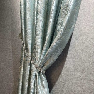 Banana Leaves Luxury 3D Jacquard Duck Egg Blue Curtain with Gold Details 3