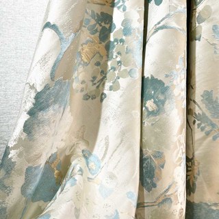 Secret Garden Silky Cream & Pastel Teal Abstract Floral Curtain with Gold Details 9