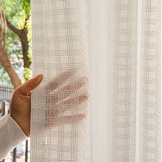 Ethereal Grid Ivory White Linen Style Sheer Curtain 4