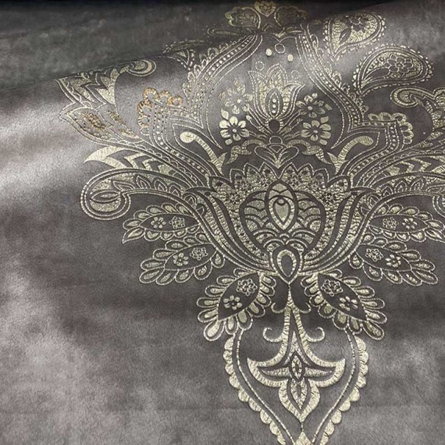 Heritage Luxury Gray and Gold Gilded Damask Velvet Curtain 1