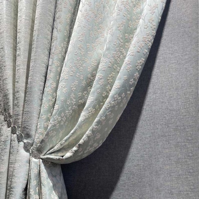 Cherry Blossoms Mint Green Floral Chenille Blackout Curtain 1