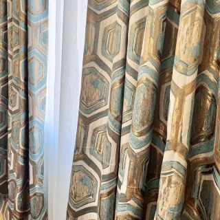 Honeycomb Luxury Jacquard Hexagon Geometric Turquoise Blue & Metallic Gold Curtain 2