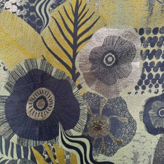 Earthy Whimsy Yellow Gold and Midnight Blue Modern Floral Curtains 2