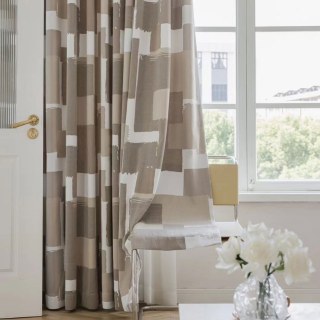 Urban Grid Monochrome Mocha Cream and White Chenille Geometric Curtain 2