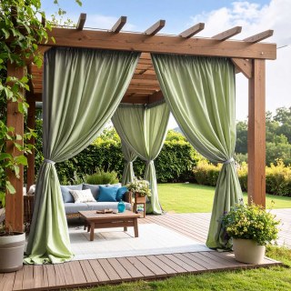 Endless Summer Waterproof Sage Olive Green Linen Style Outdoor Heavy Sheer Curtain 1